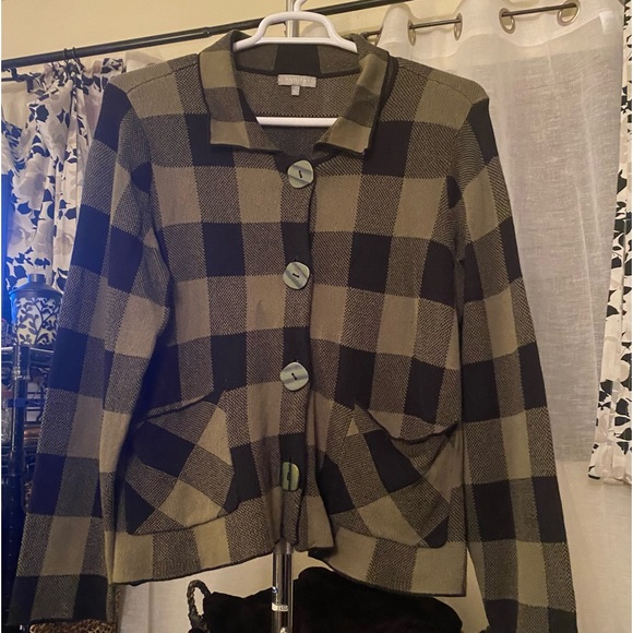 Habitat Knit Button Cardigan Black & Green Buffalo Plaid Long Sleeve Size Large - Picture 3 of 16